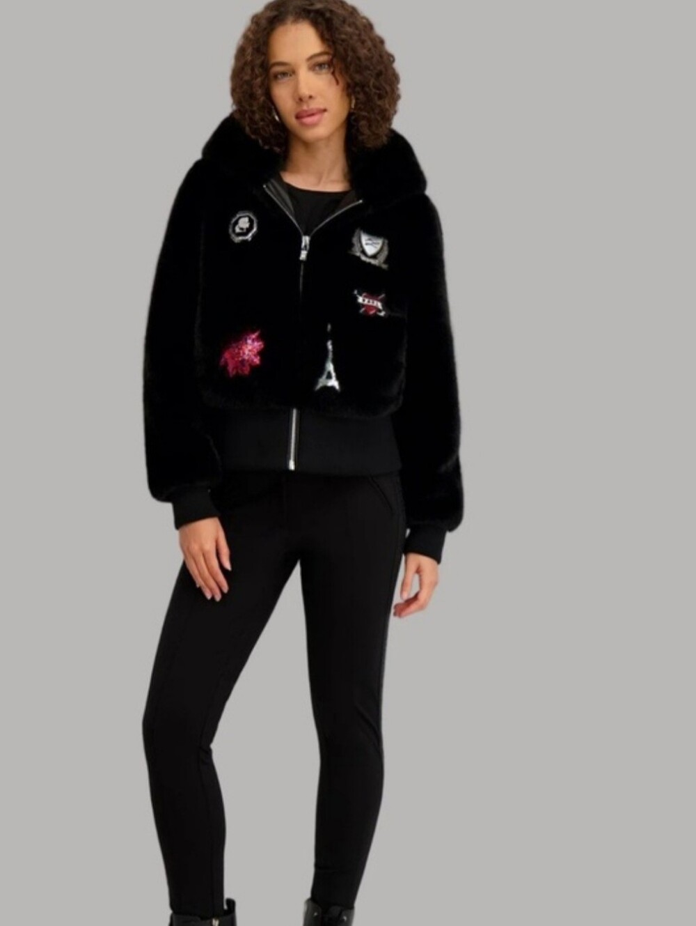 Karl Lagerfeld Black Faux Fur Hooded Cropped Jacket with Embroidered Patches New